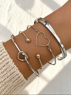 Sterling Silver-Tone Heart & Knot Bangle Bracelet Set